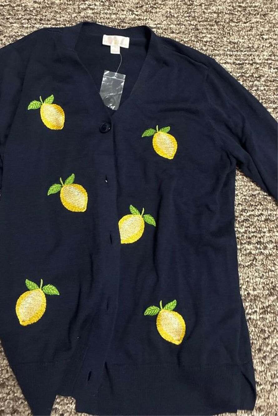 Belle Kim Gravel lemon embroidered blue navy cardigan new